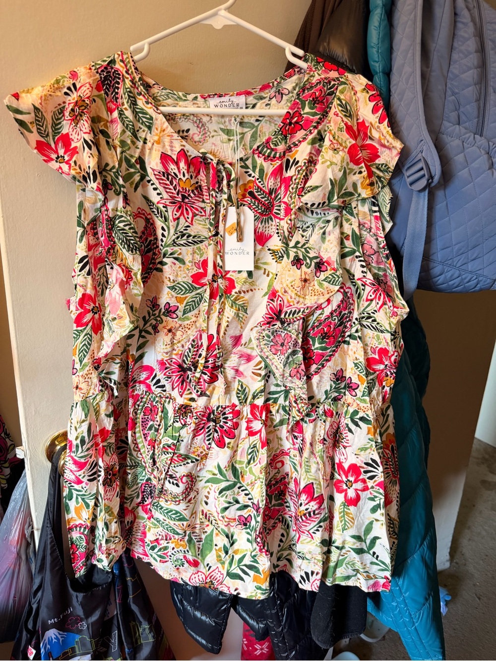 Emily Wonder Floral Tie-Front Babydoll Top - Cream with Pink & Green
